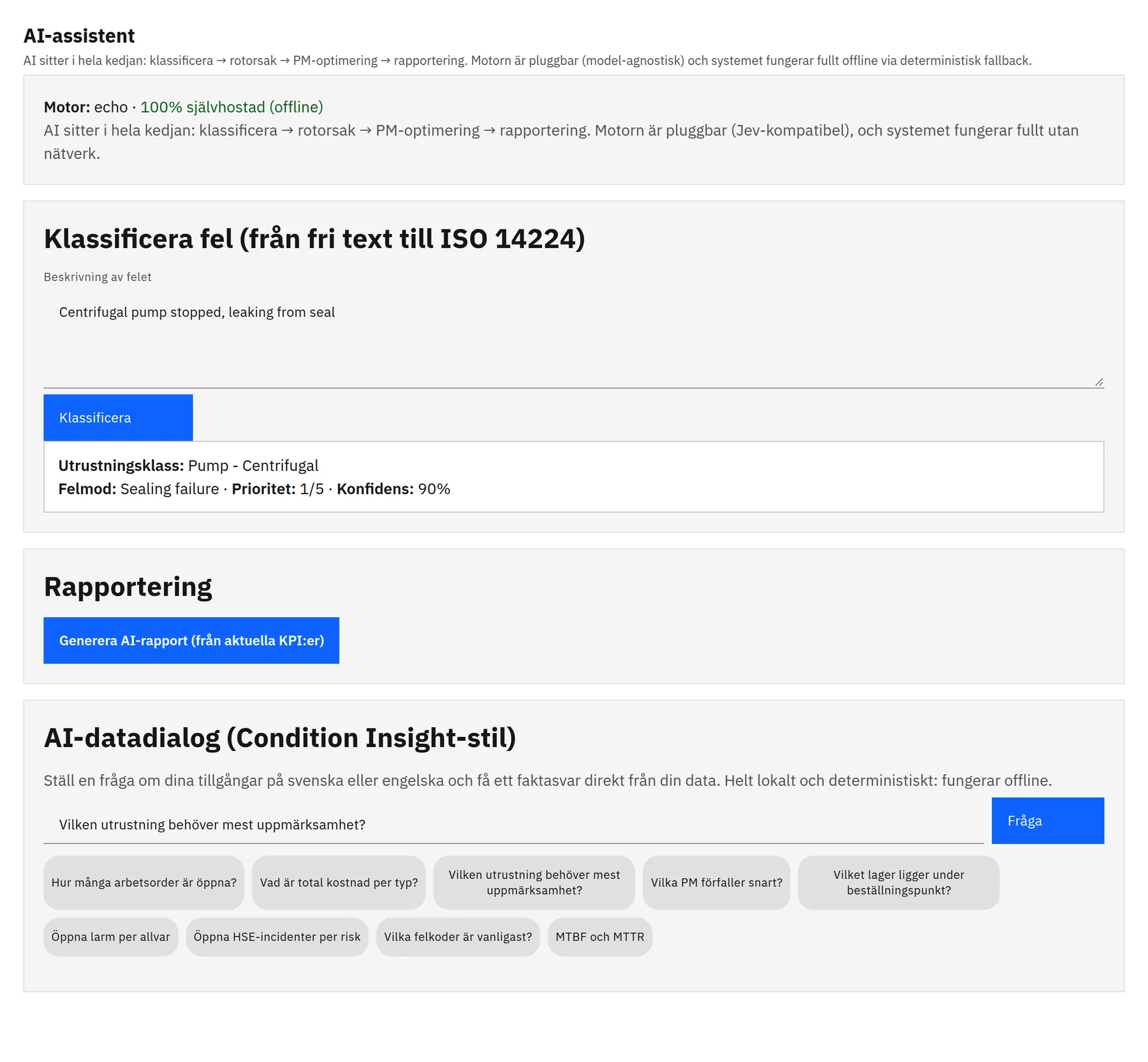AI assistant classifying the text 'Centrifugal pump stopped, leaking from seal' as pump, centrifugal, sealing failure, 90 percent confidence